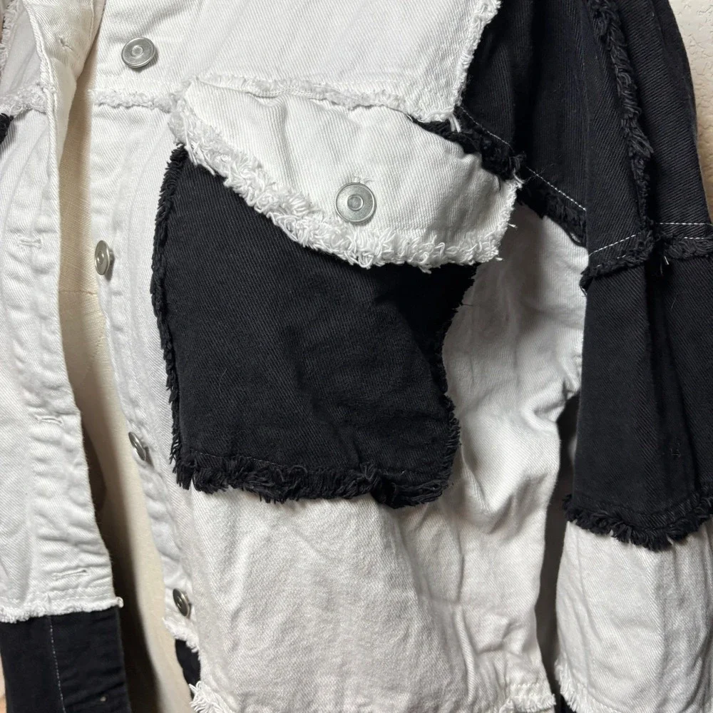 Black White‎ Fringed Patchwork Denim Grunge Jacket Raw Hem Shacket Size M
